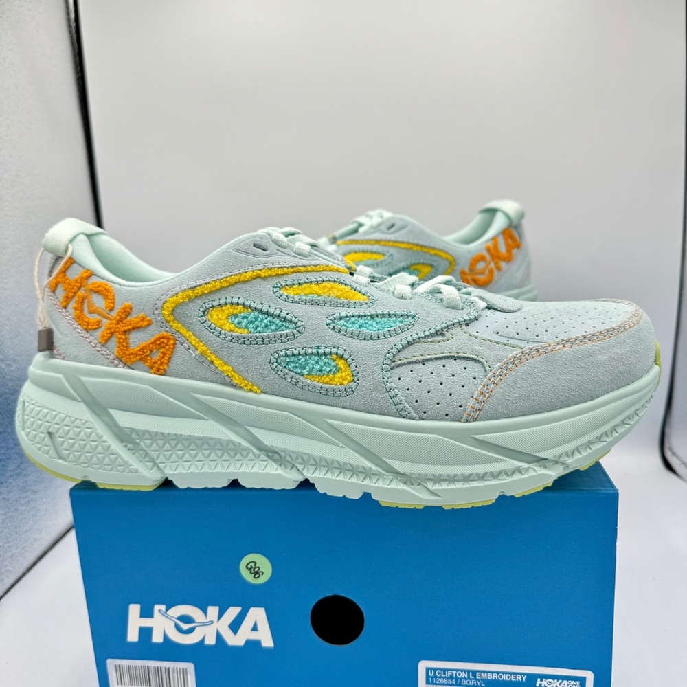 NWT Hoka Clifton Leather Embroidery UNISEX Shoes blue glass radiant yellow NEW - Picture 6 of 16
